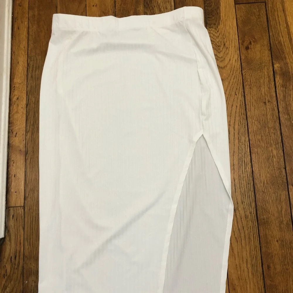 White Ribbed Knit Midi Skirt with Side Slit-sizeXL
